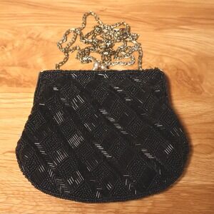 La Regale Vintage 80s Beaded Evening Bag Womens Black Formal Handmade